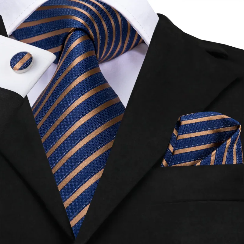 Navy Golden Striped 63 Inches Extra Long Tie Pocket Square Cufflinks Set sold by Ties2You
