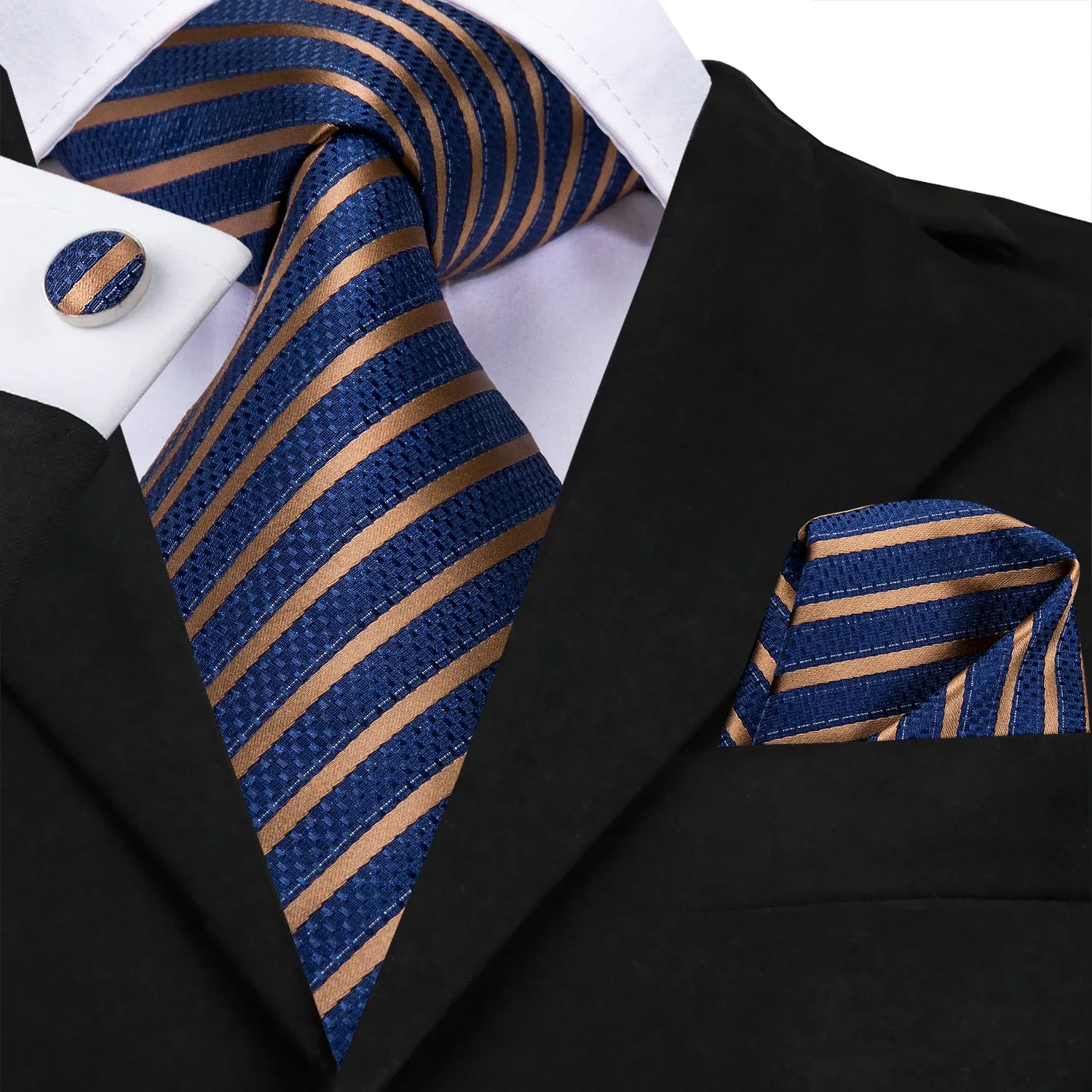 Navy Golden Striped 63 Inches Extra Long Tie Pocket Square Cufflinks Set sold by Ties2You