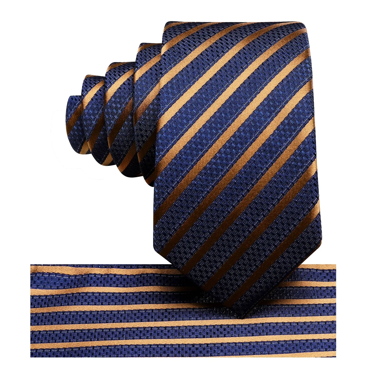 Navy Golden Striped 63 Inches Extra Long Tie Pocket Square Cufflinks Set sold by Ties2You product image thumbnail 3