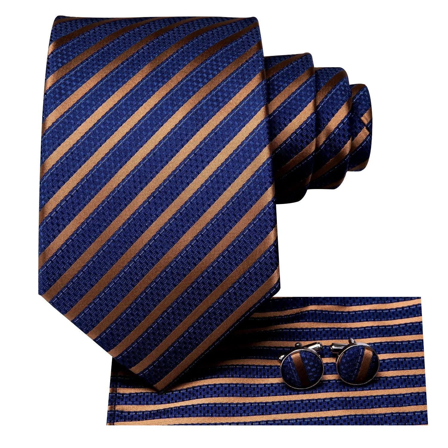 Navy Golden Striped 63 Inches Extra Long Tie Pocket Square Cufflinks Set sold by Ties2You product image thumbnail 2