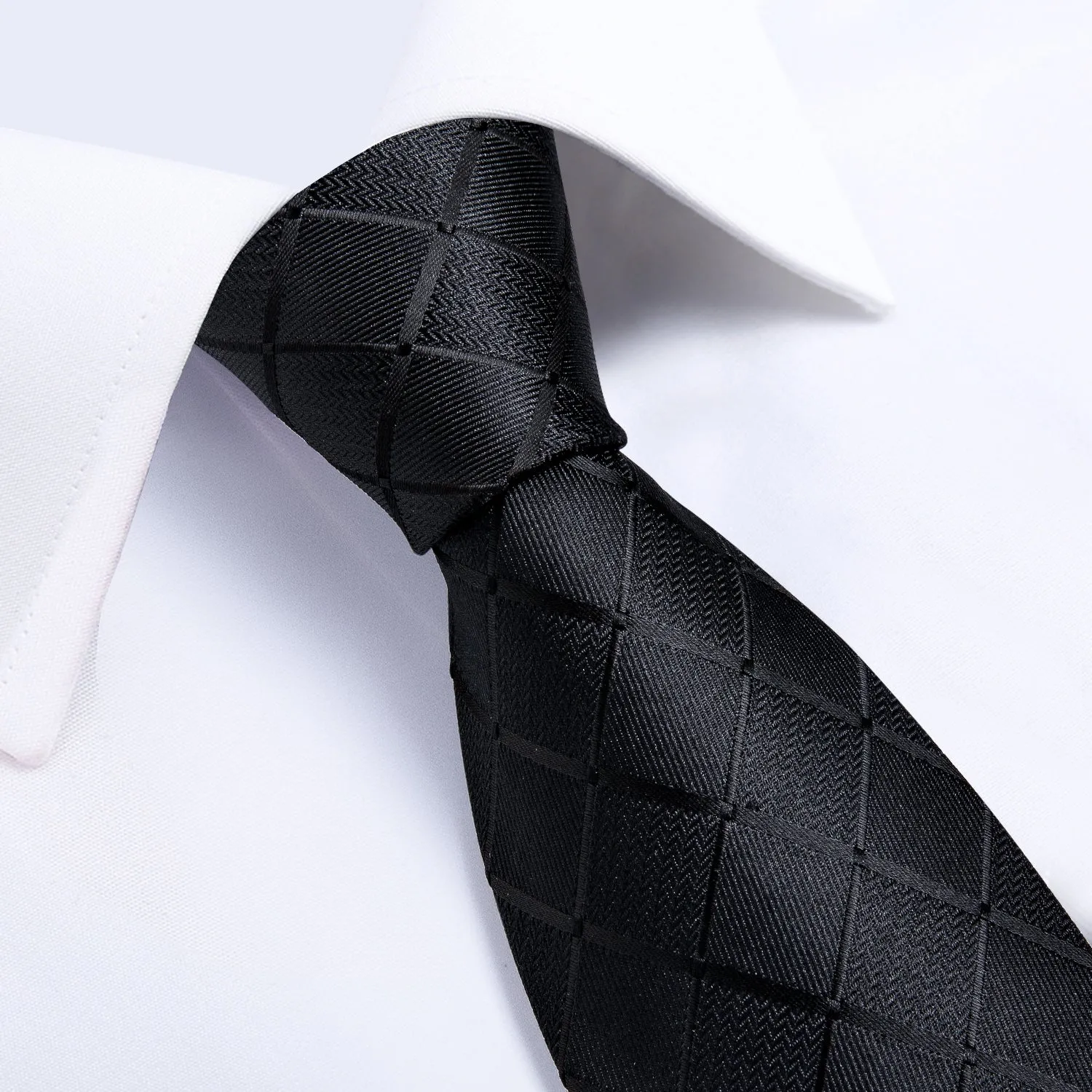Pure Black Plaid Silk 63 Inches Extra Long Men's Tie Pocket Square Cufflinks Set sold by Ties2You product image thumbnail 3