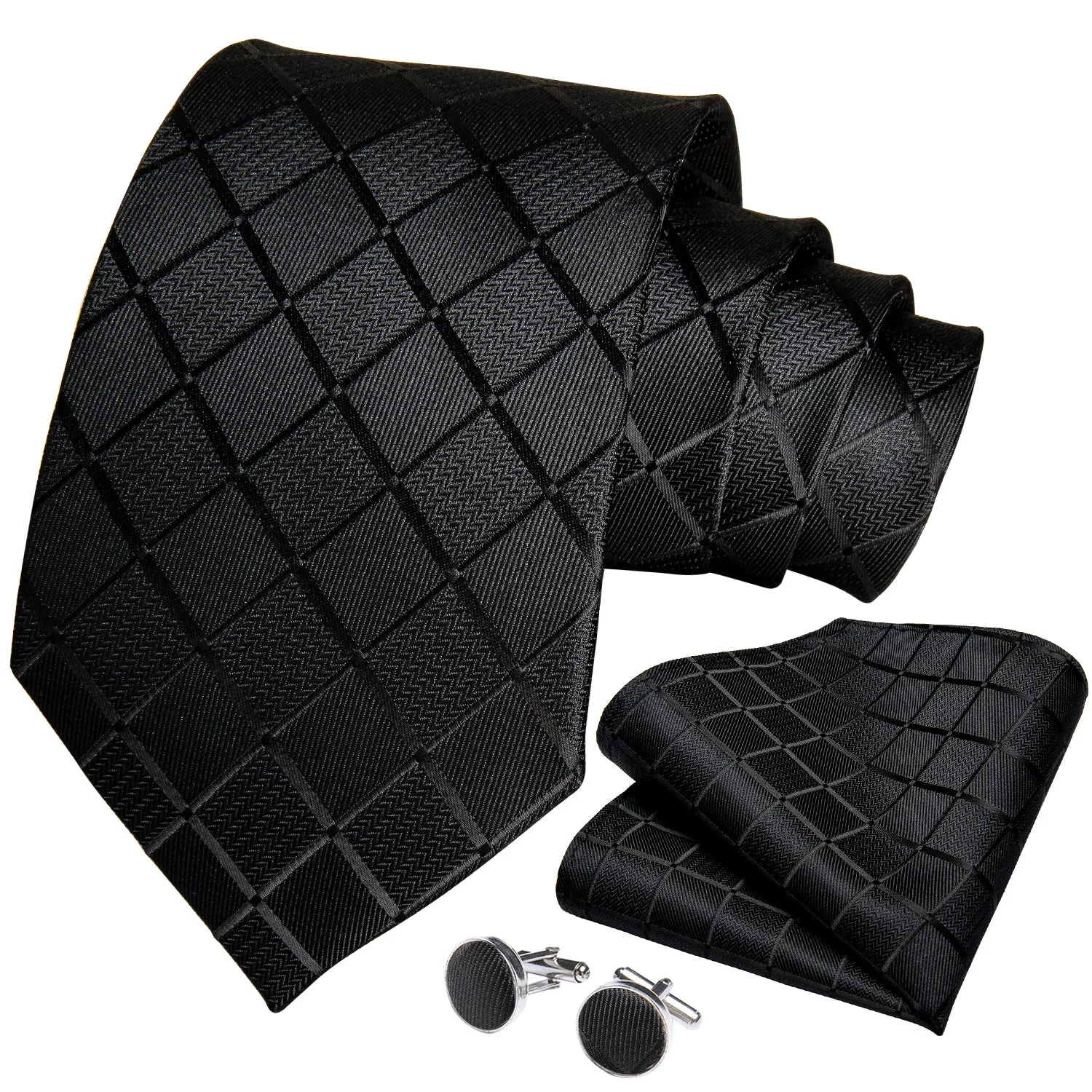 Pure Black Plaid Silk 63 Inches Extra Long Men's Tie Pocket Square Cufflinks Set sold by Ties2You product image thumbnail 2