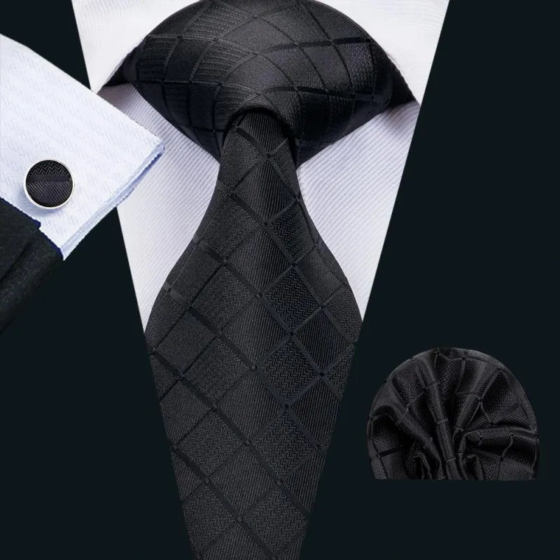 Pure Black Plaid Silk 63 Inches Extra Long Men's Tie Pocket Square Cufflinks Set sold by Ties2You