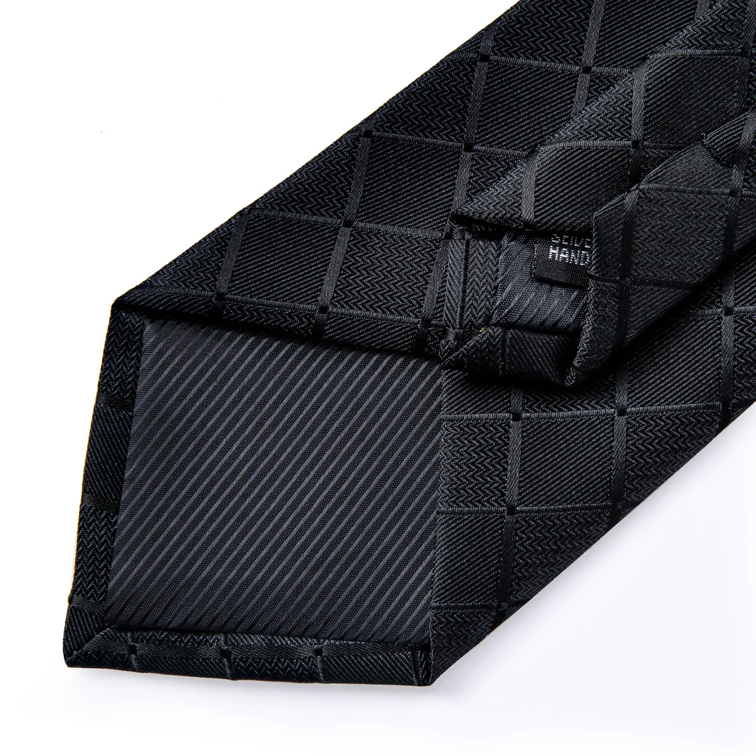 Pure Black Plaid Silk 63 Inches Extra Long Men's Tie Pocket Square Cufflinks Set sold by Ties2You product image thumbnail 5