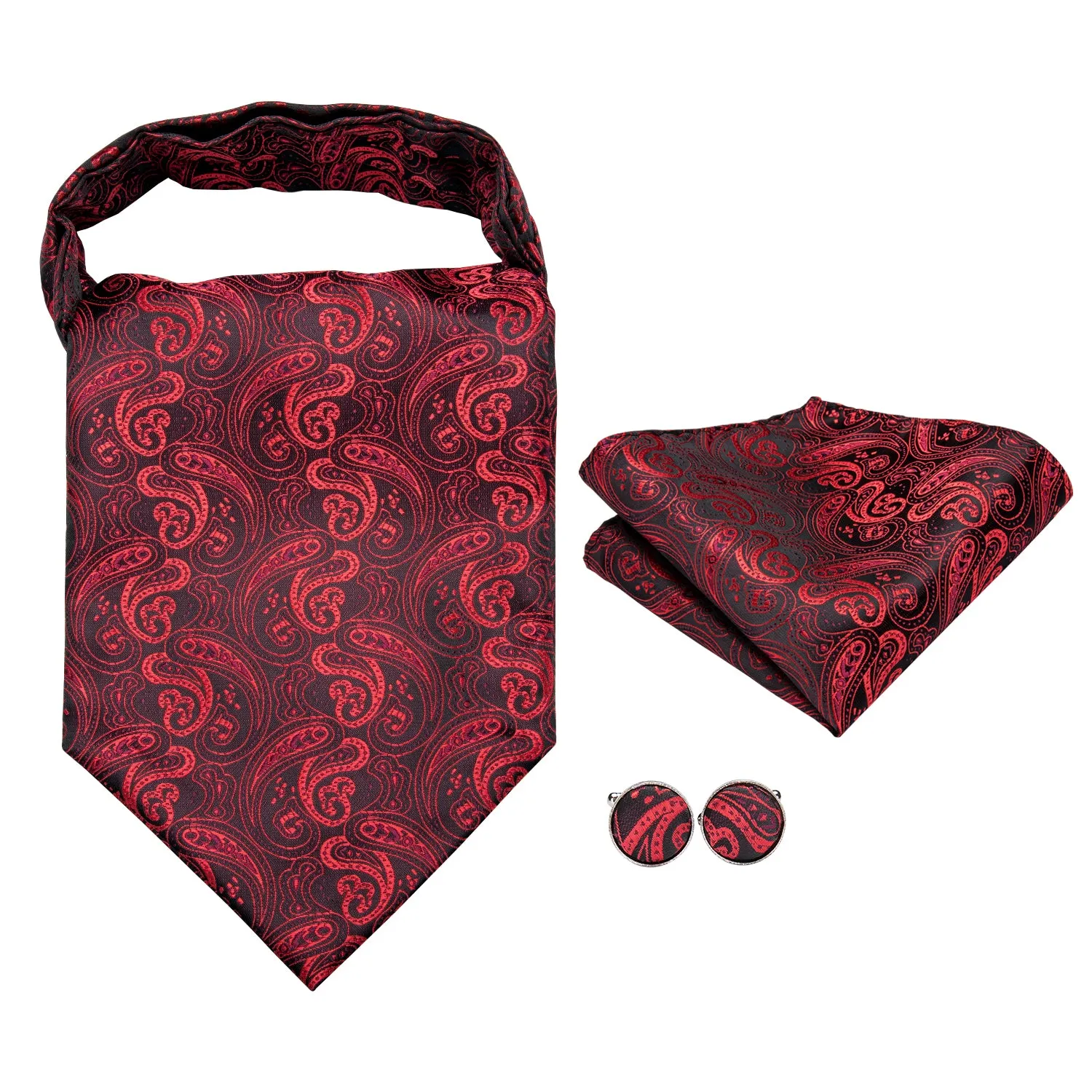Dark Red Paisley Silk Ascot Cravat Pocket Square Cufflinks Set sold by Ties2You product image thumbnail 2