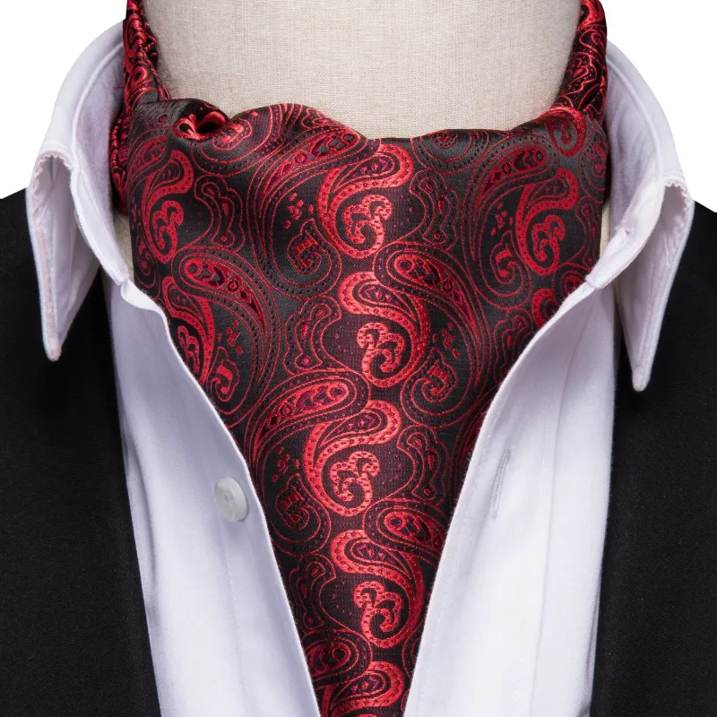 Dark Red Paisley Silk Ascot Cravat Pocket Square Cufflinks Set sold by Ties2You