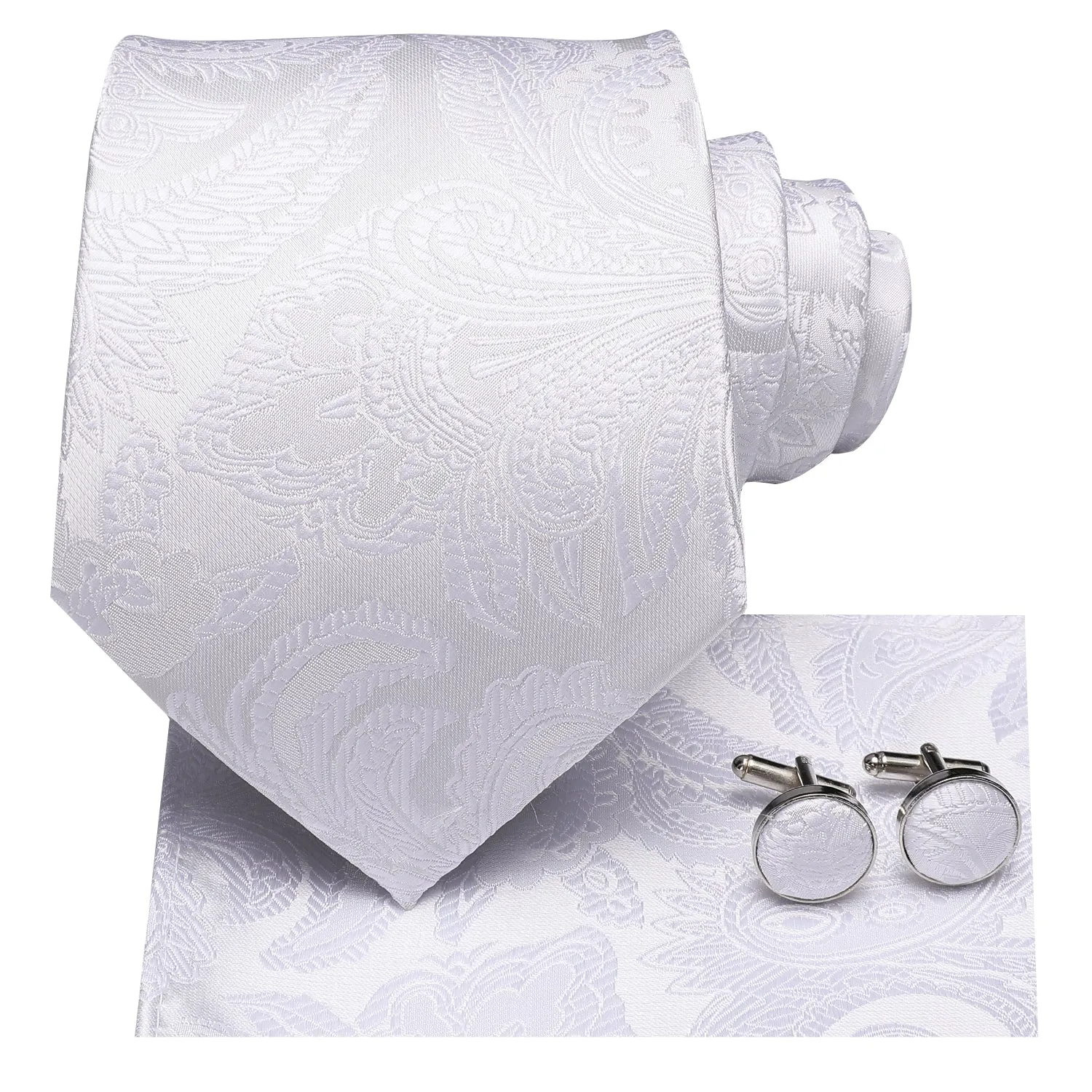 Pure White Paisley Men's Necktie Pocket Square Cufflinks Set sold by Ties2You product image thumbnail 4