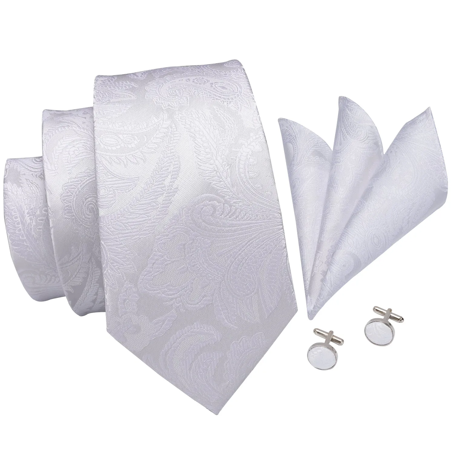 Pure White Paisley Men's Necktie Pocket Square Cufflinks Set sold by Ties2You product image thumbnail 3