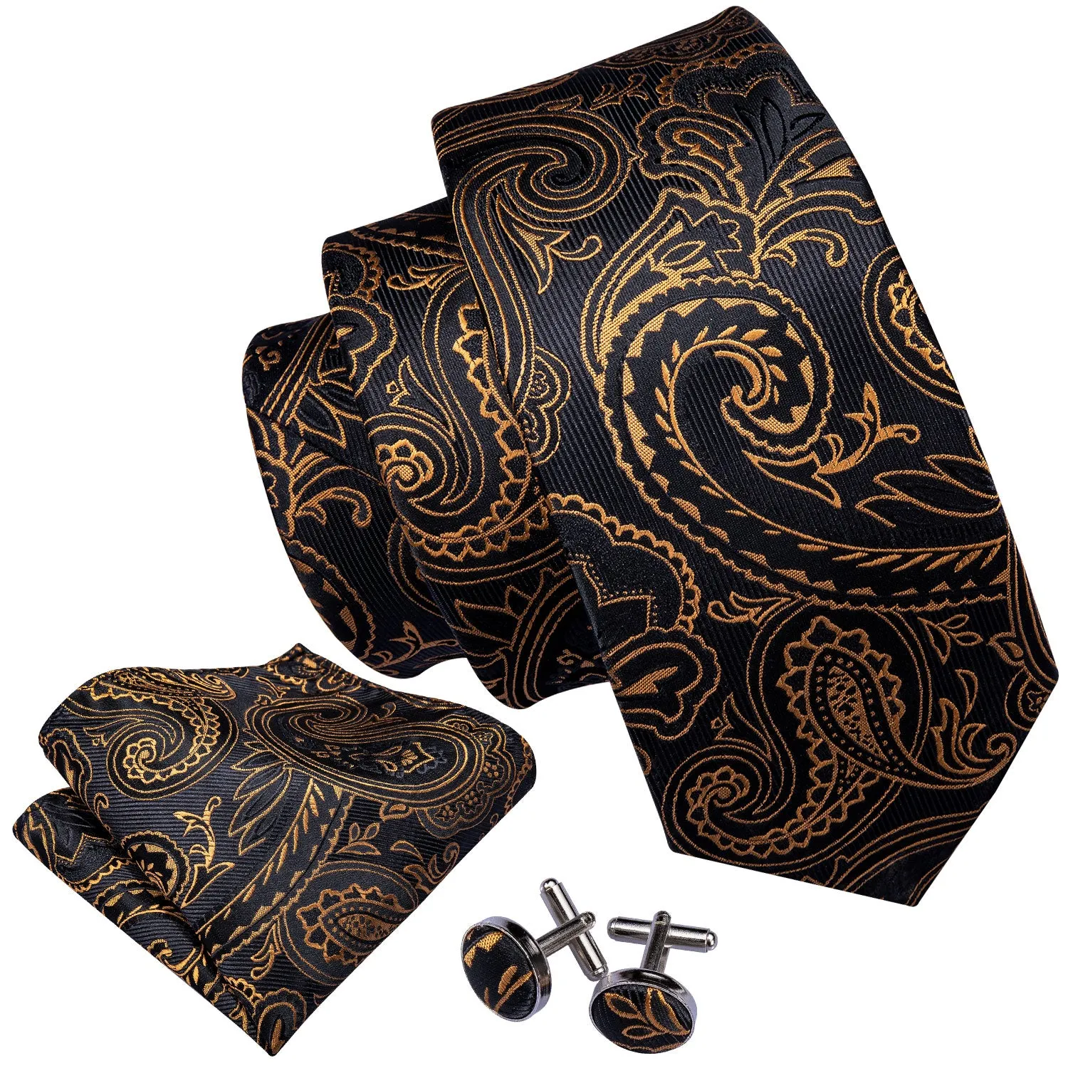 Black Golden Paisley Necktie Pocket Square Cufflinks Set sold by Ties2You product image thumbnail 3