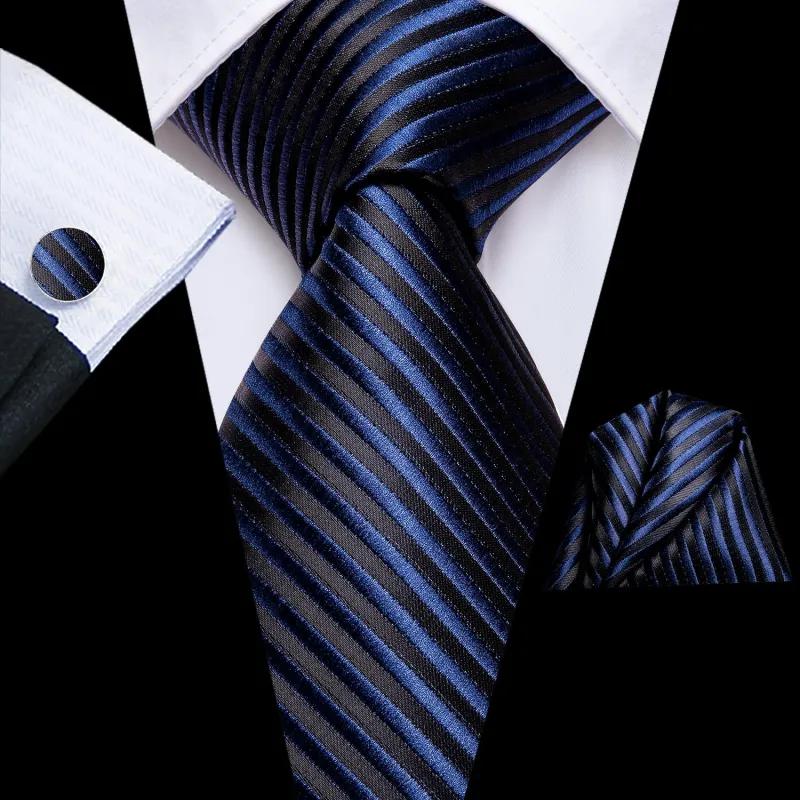 Ties2you Business Striped Tie for Men Navy Blue Silk Necktie Handkercheif Cufflinks Set sold by Ties2You