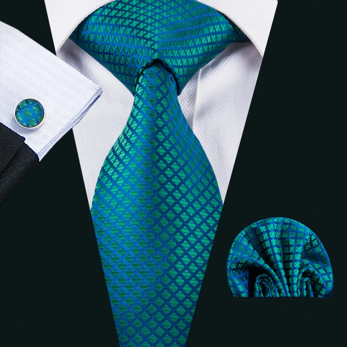 Teal Blue Plaid Tie Pocket Square Cufflinks Set sold by Ties2You