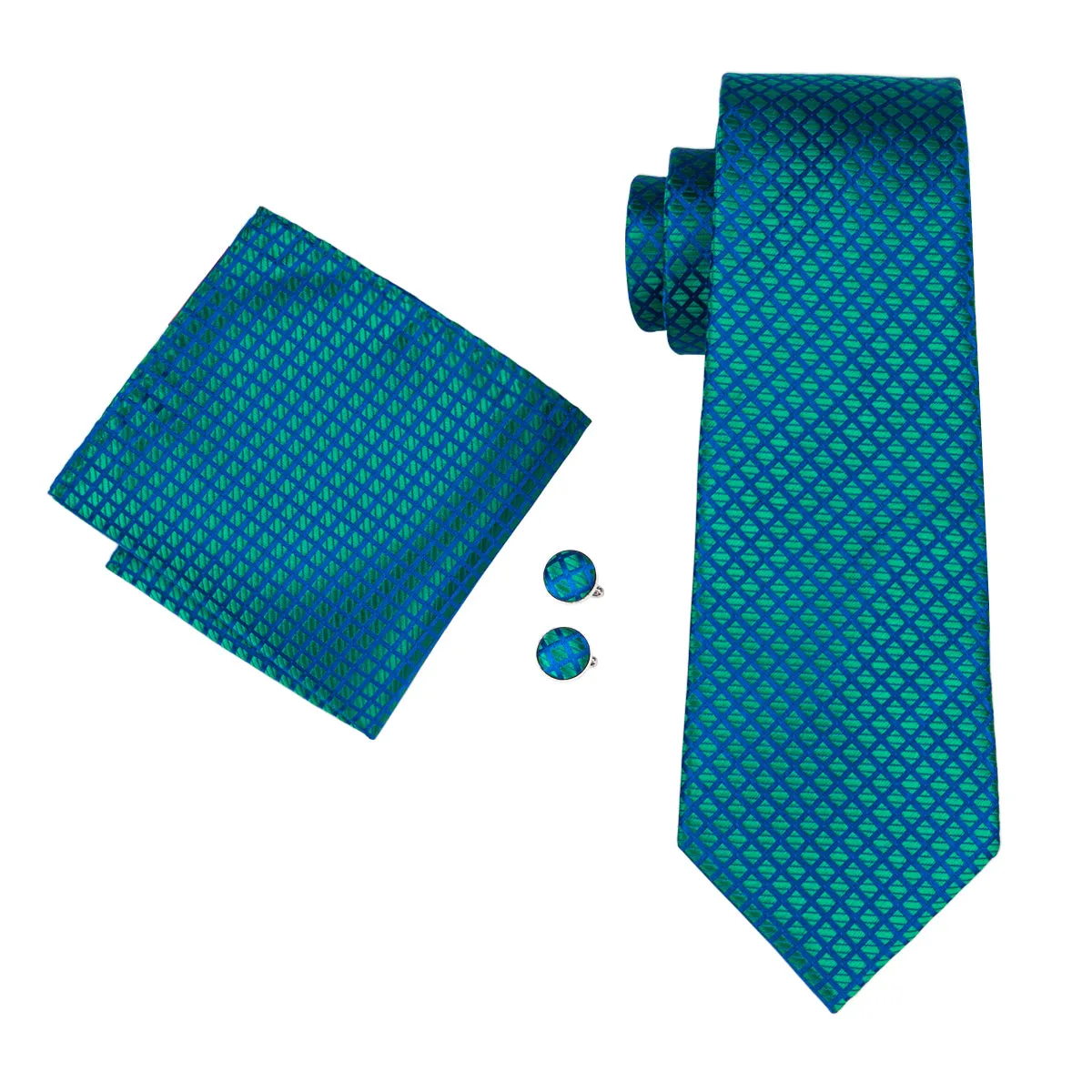 Teal Blue Plaid Tie Pocket Square Cufflinks Set sold by Ties2You product image thumbnail 3