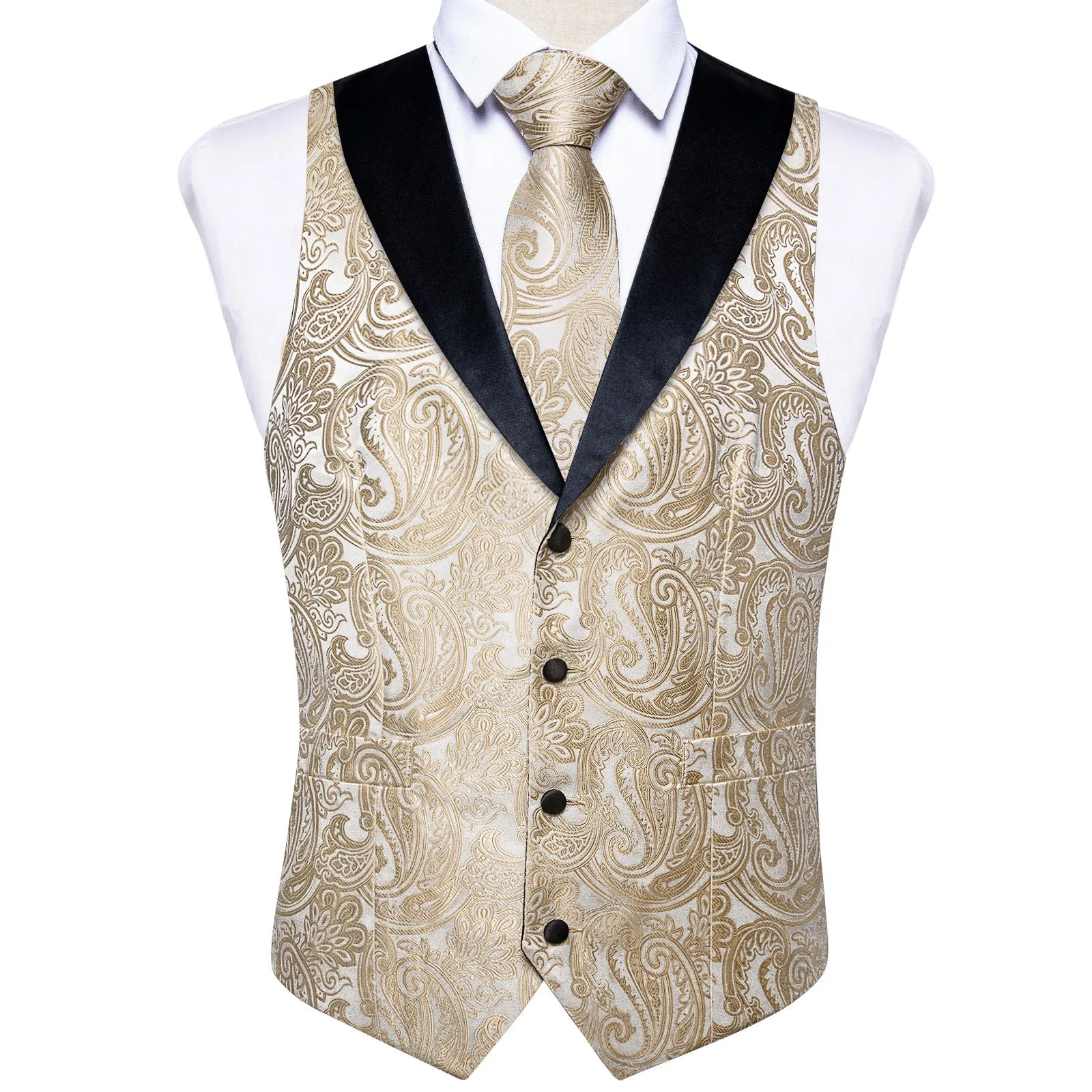 Ties2you Mens Vest Champagne Shawl Collar Wedding Vest Tie Pocket Square Cufflinks Set sold by Ties2You