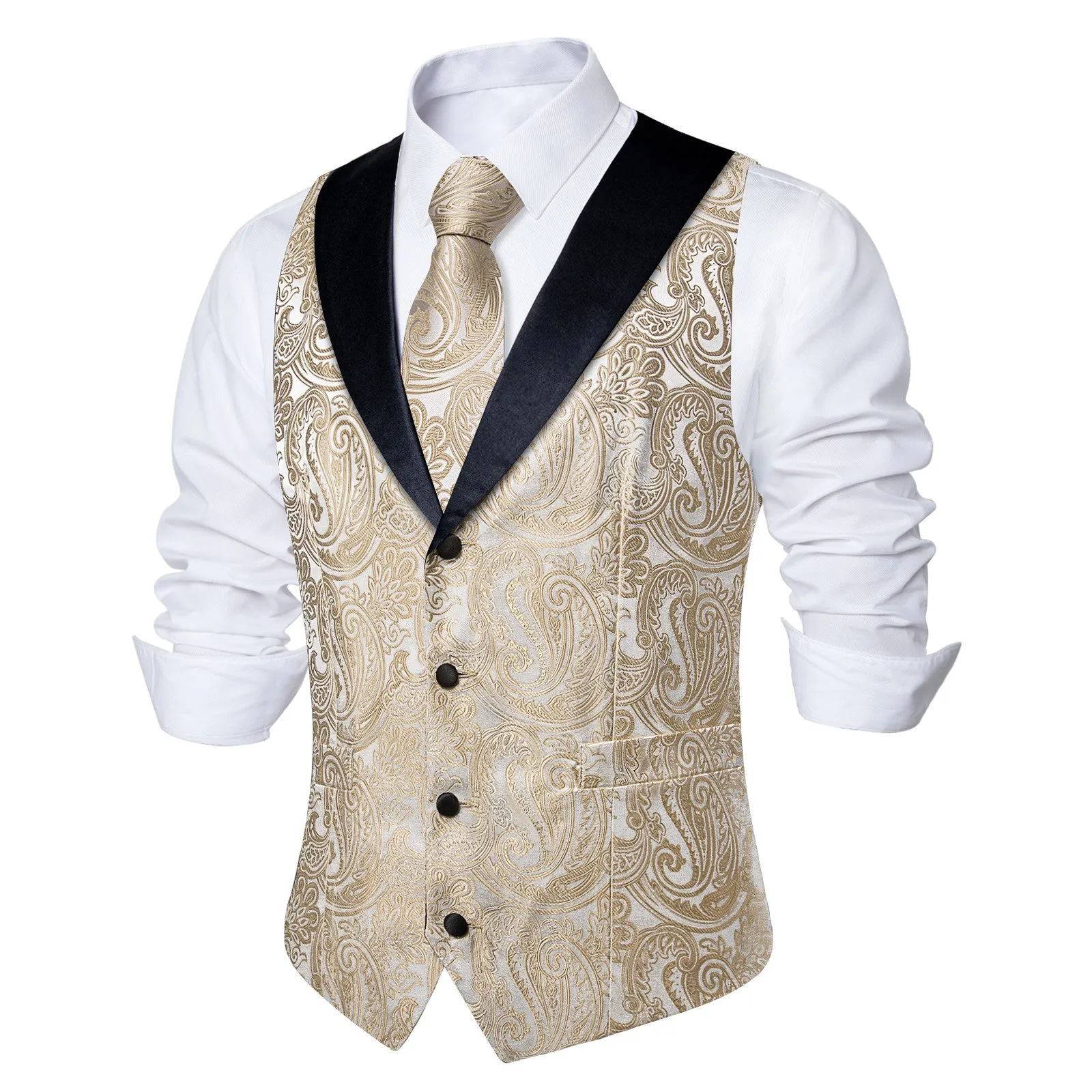 Ties2you Mens Vest Champagne Shawl Collar Wedding Vest Tie Pocket Square Cufflinks Set sold by Ties2You product image thumbnail 2