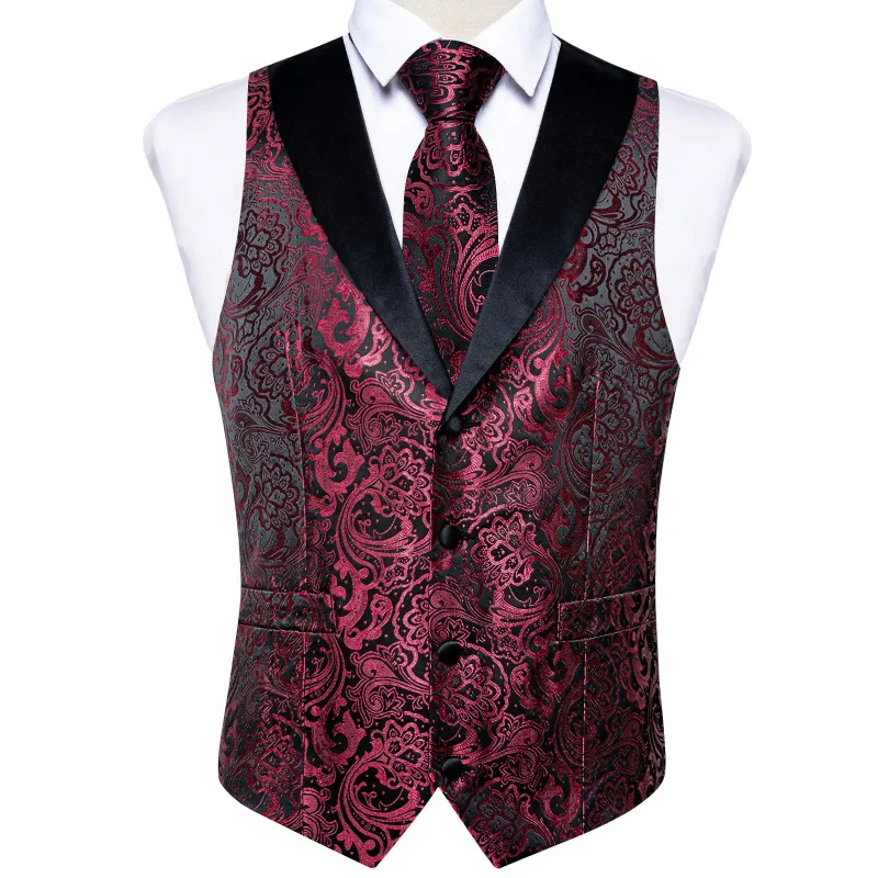 Ties2you Shawl Collar Vest Maroon Floral Wedding Dress Vest Tie Pocket Square Cufflinks Set sold by Ties2You