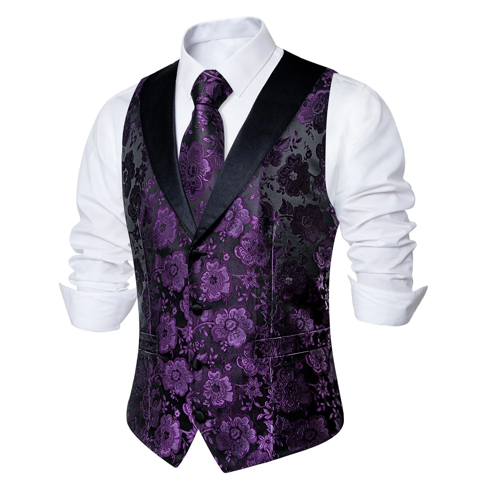 Ties2you Purple Floral Suit Vest Shawl Collar Dress Waistcoat Tie Pocket Square Cufflinks Set sold by Ties2You product image thumbnail 2