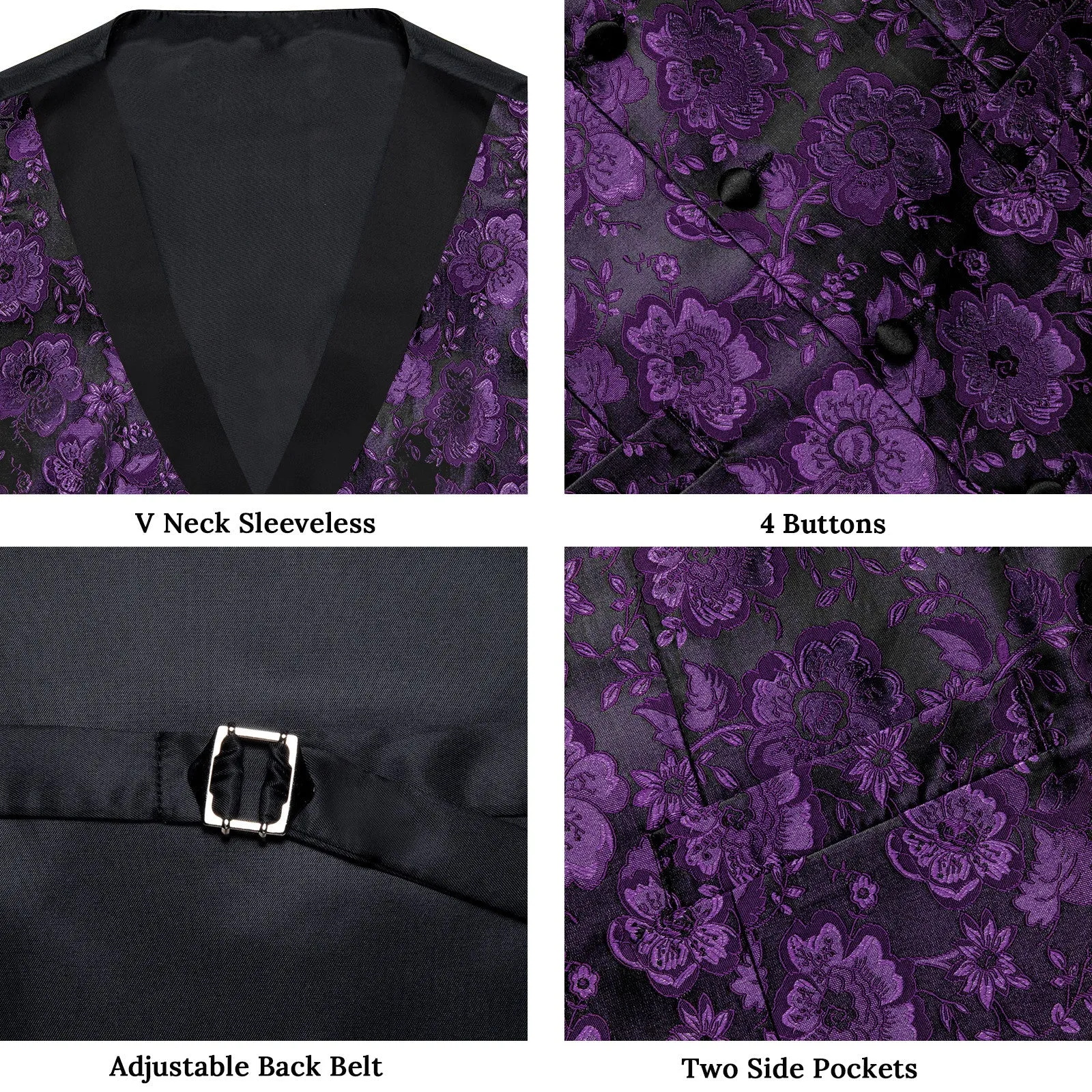 Ties2you Purple Floral Suit Vest Shawl Collar Dress Waistcoat Tie Pocket Square Cufflinks Set sold by Ties2You product image thumbnail 3