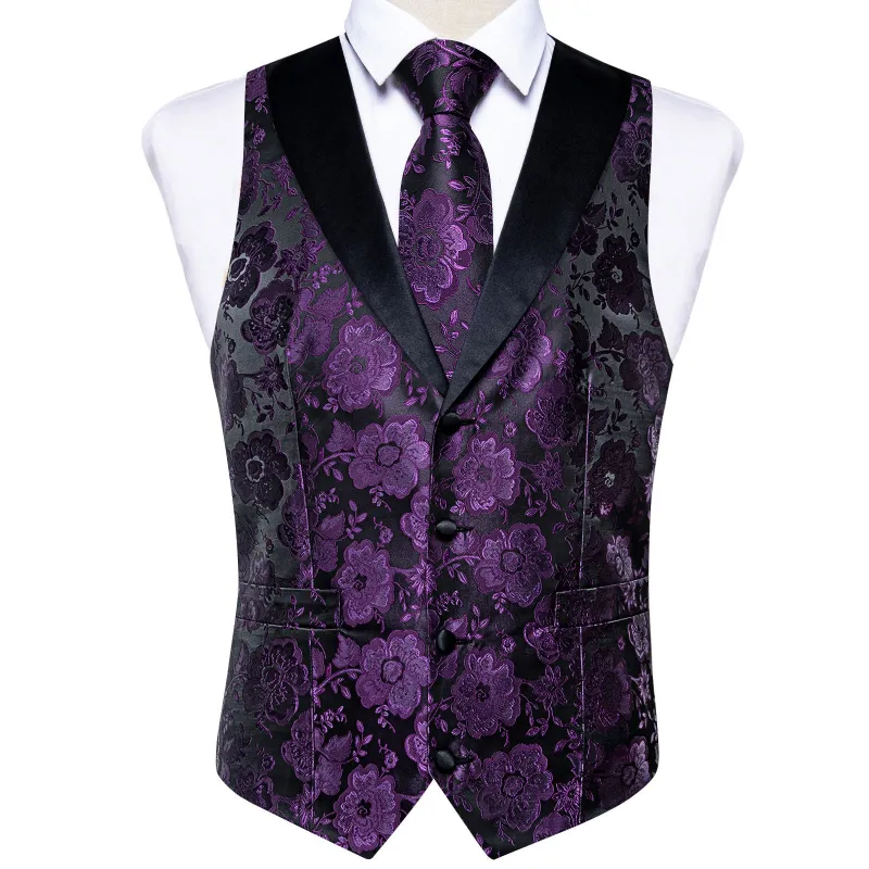Ties2you Purple Floral Suit Vest Shawl Collar Dress Waistcoat Tie Pocket Square Cufflinks Set sold by Ties2You