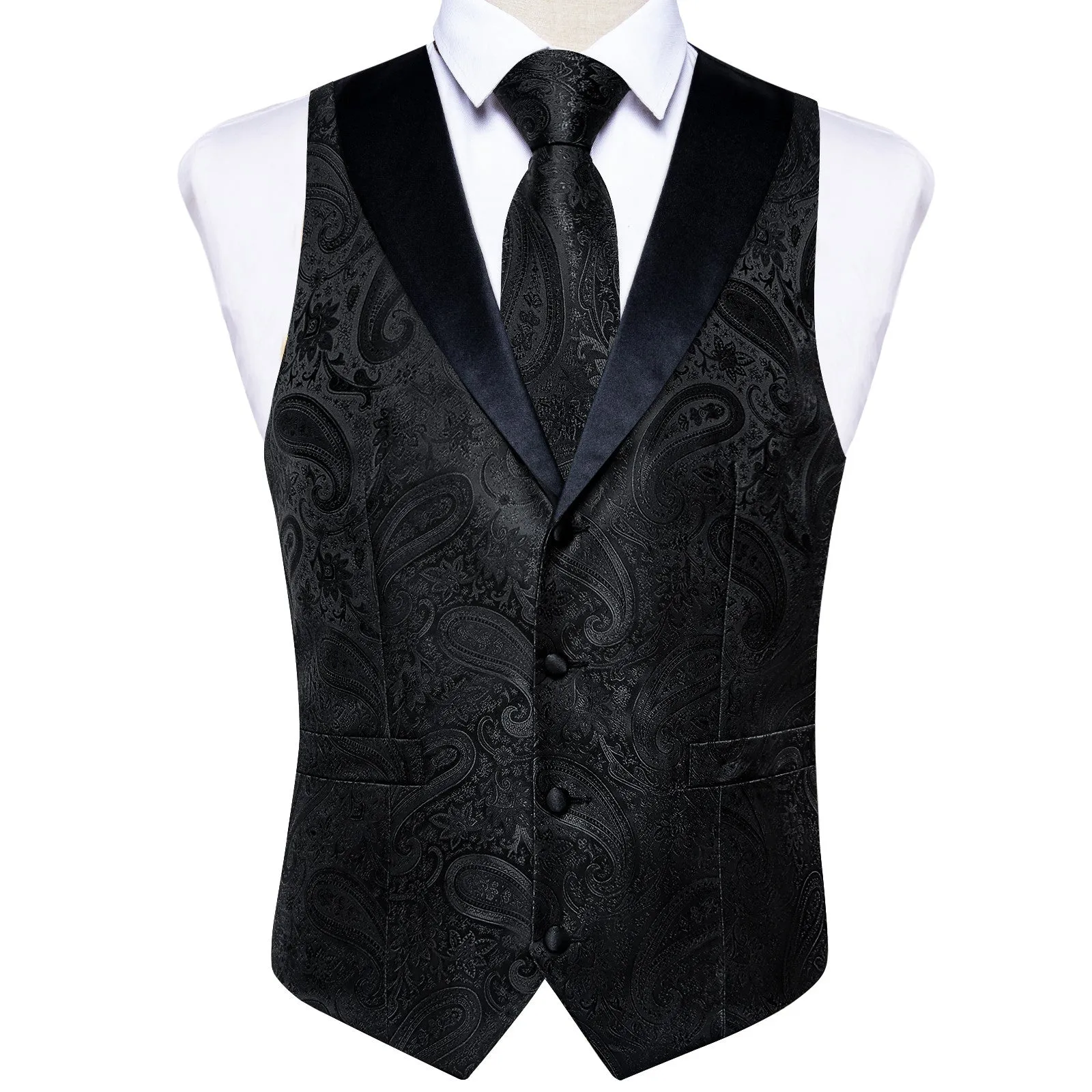 Ties2you Black Paisley Jacquard Waistcoat Shawl Collar Vest Tie Hanky Cufflinks Set sold by Ties2You