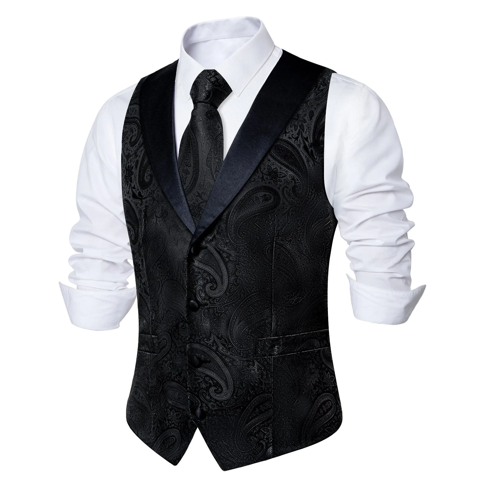 Ties2you Black Paisley Jacquard Waistcoat Shawl Collar Vest Tie Hanky Cufflinks Set sold by Ties2You product image thumbnail 2