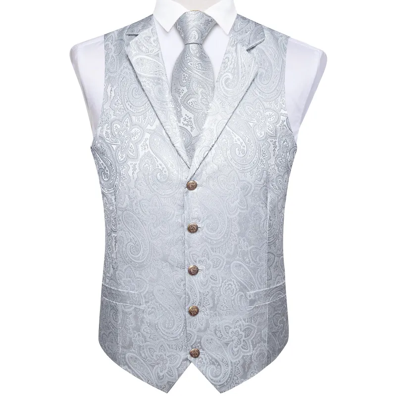 Ties2you Silver Waistcoat Paisley Jacquard Collar Dress Vest Tie Pocket Square Cufflinks Set sold by Ties2You