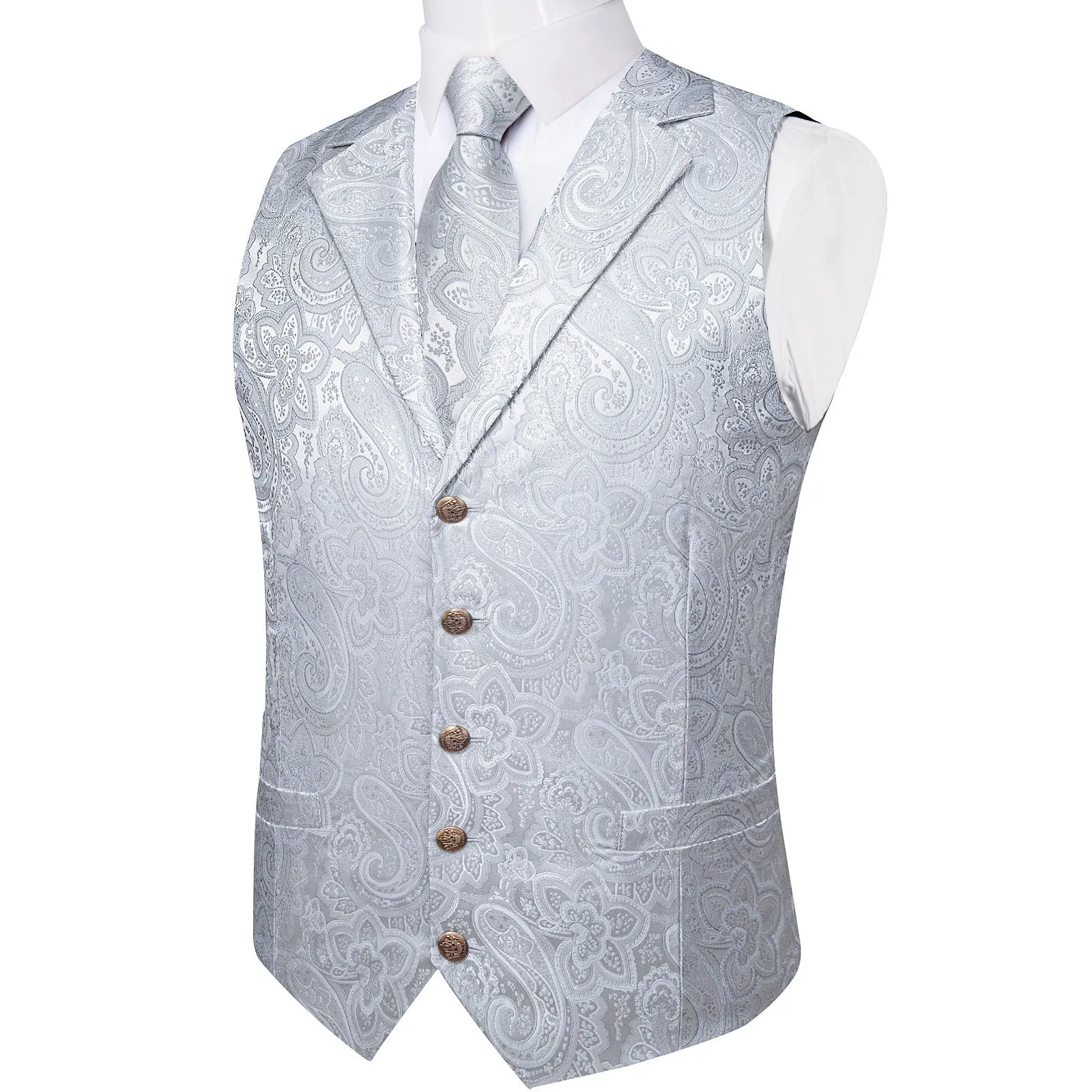 Ties2you Silver Waistcoat Paisley Jacquard Collar Dress Vest Tie Pocket Square Cufflinks Set sold by Ties2You product image thumbnail 3