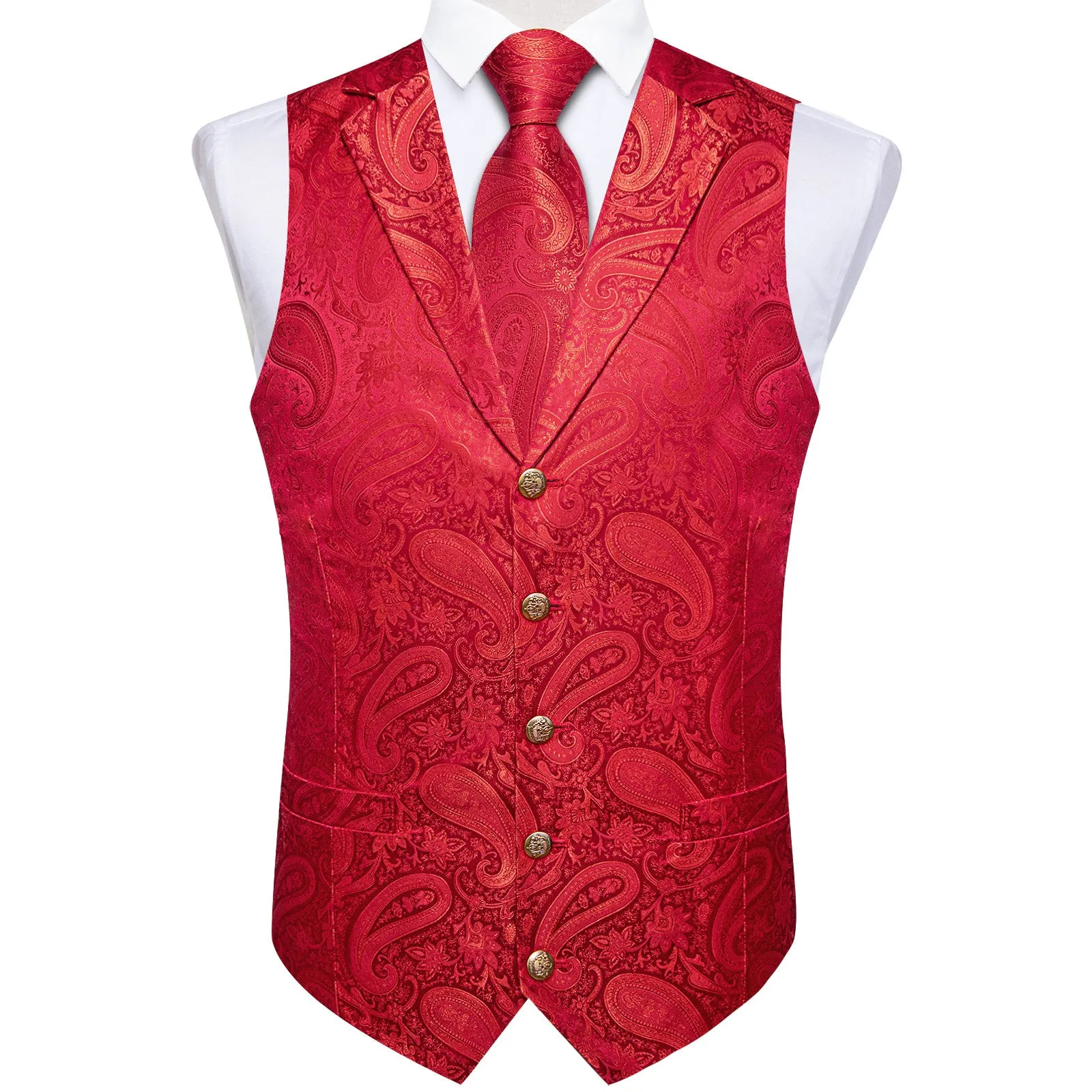 Ties2you Red Paisley Waistcoat Jacquard Collar Dress Vest Tie Pocket Square Cufflinks Set sold by Ties2You