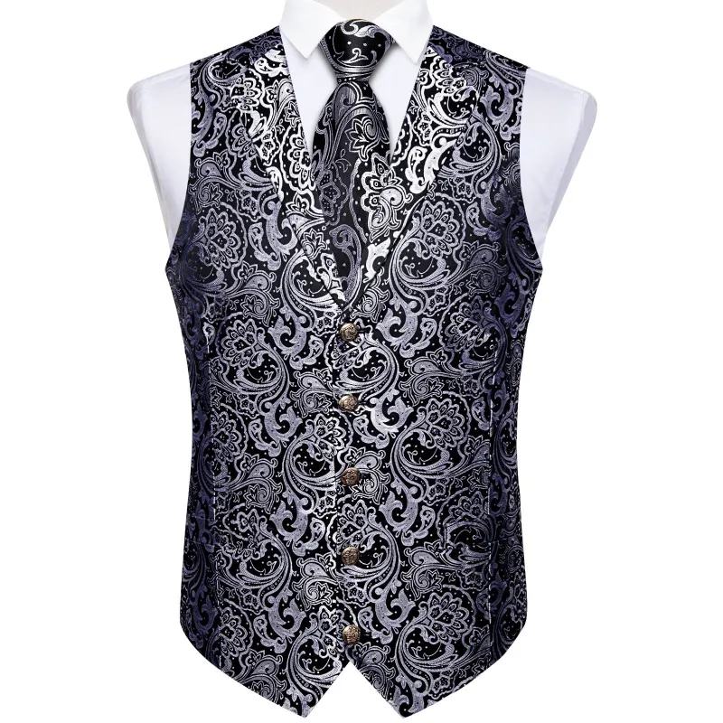 Ties2you Silver Waistcoat for Men Collar Floral Silk Vest Tie Hanky Cufflinks Set sold by Ties2You