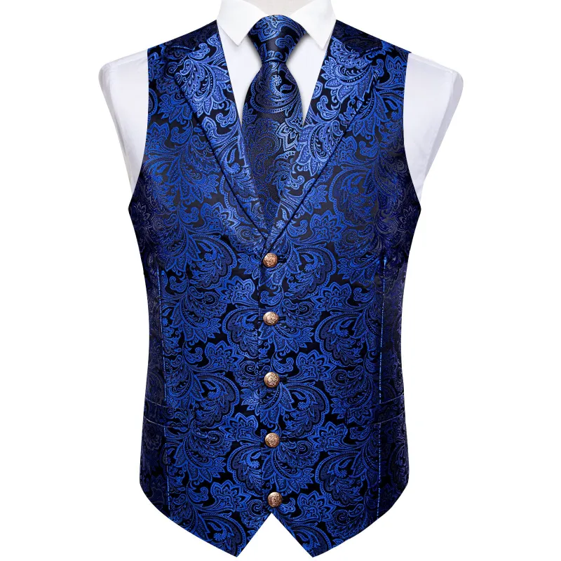 Ties2you Royal Blue Vest Collar Paisley Dress Waistcoat Tie Hanky Cufflinks Set sold by Ties2You