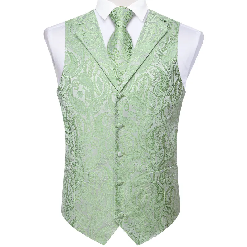 Ties2you Sage Green Vest for Men Paisley Collar Waistcoat Tie Pocket Square Cufflinks Set sold by Ties2You