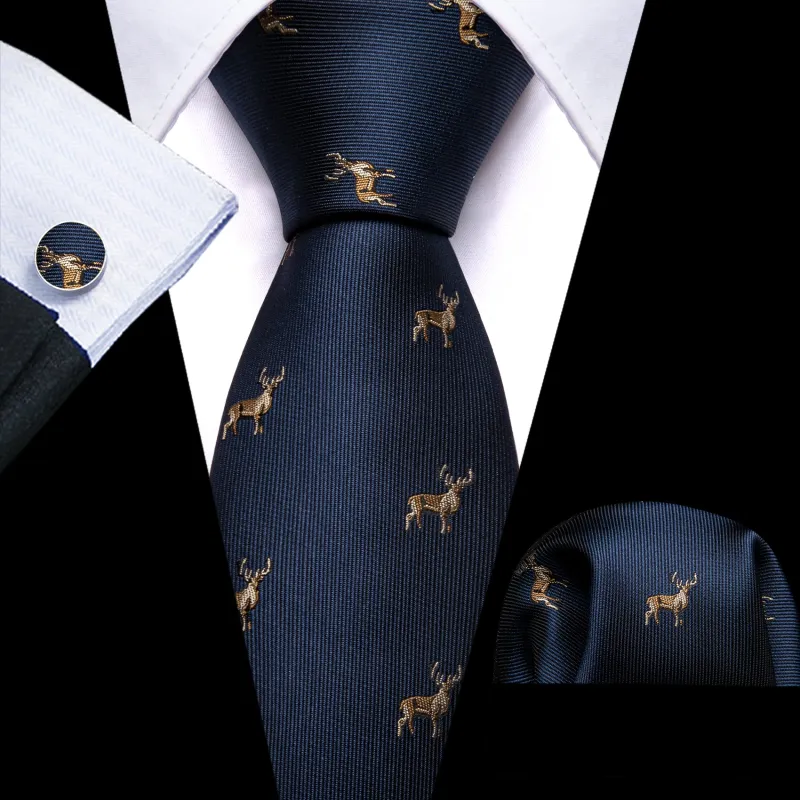 Navy Blue Novelty Deer Men's Necktie Hanky Cufflinks Set sold by Ties2You