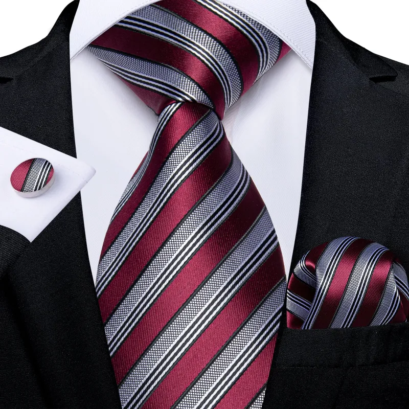 Ties2you Mens Striped Business Necktie Burgundy Grey Silk Tie Pocket Square Cufflinks Set sold by Ties2You