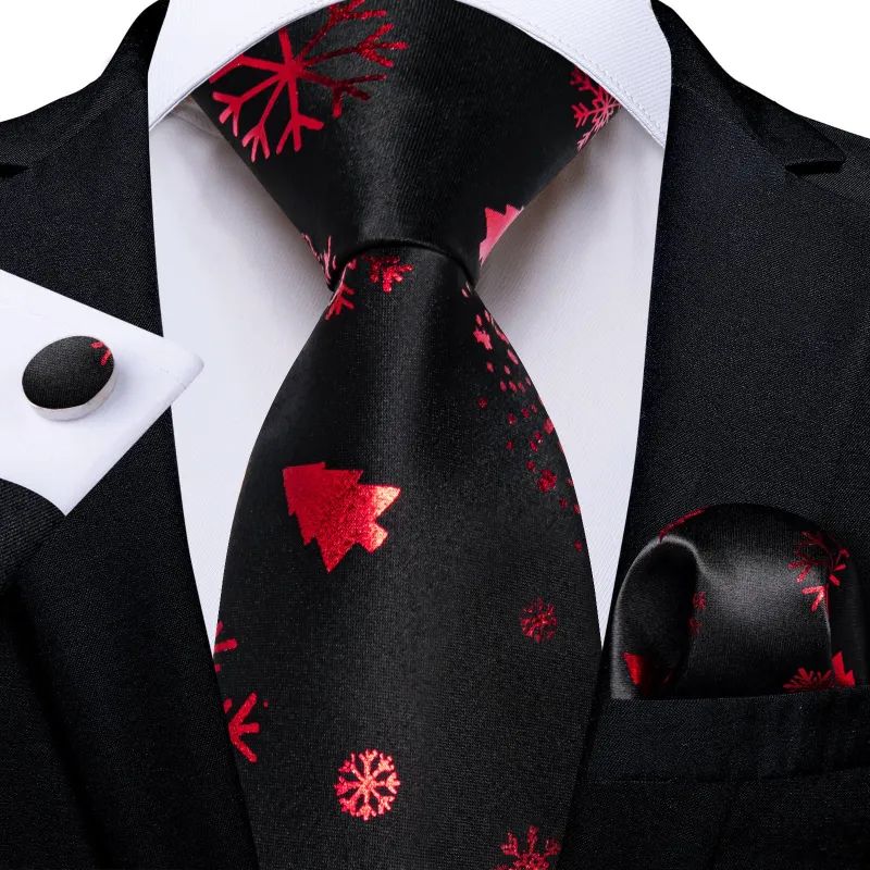 Ties2you Holiday Necktie Black Silk Snowflake Tie Handkerchief Cufflinks Set for Holiday sold by Ties2You