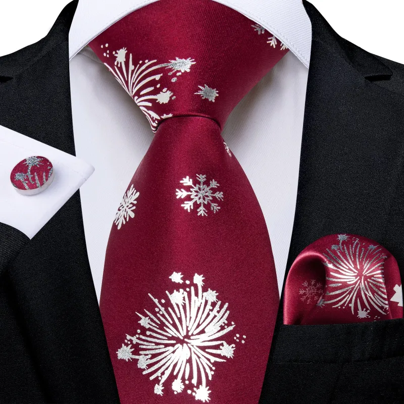 Ties2you Maroon Necktie Xmas Silk Snowflake Tie Handkerchief Cufflinks Set for Holiday sold by Ties2You