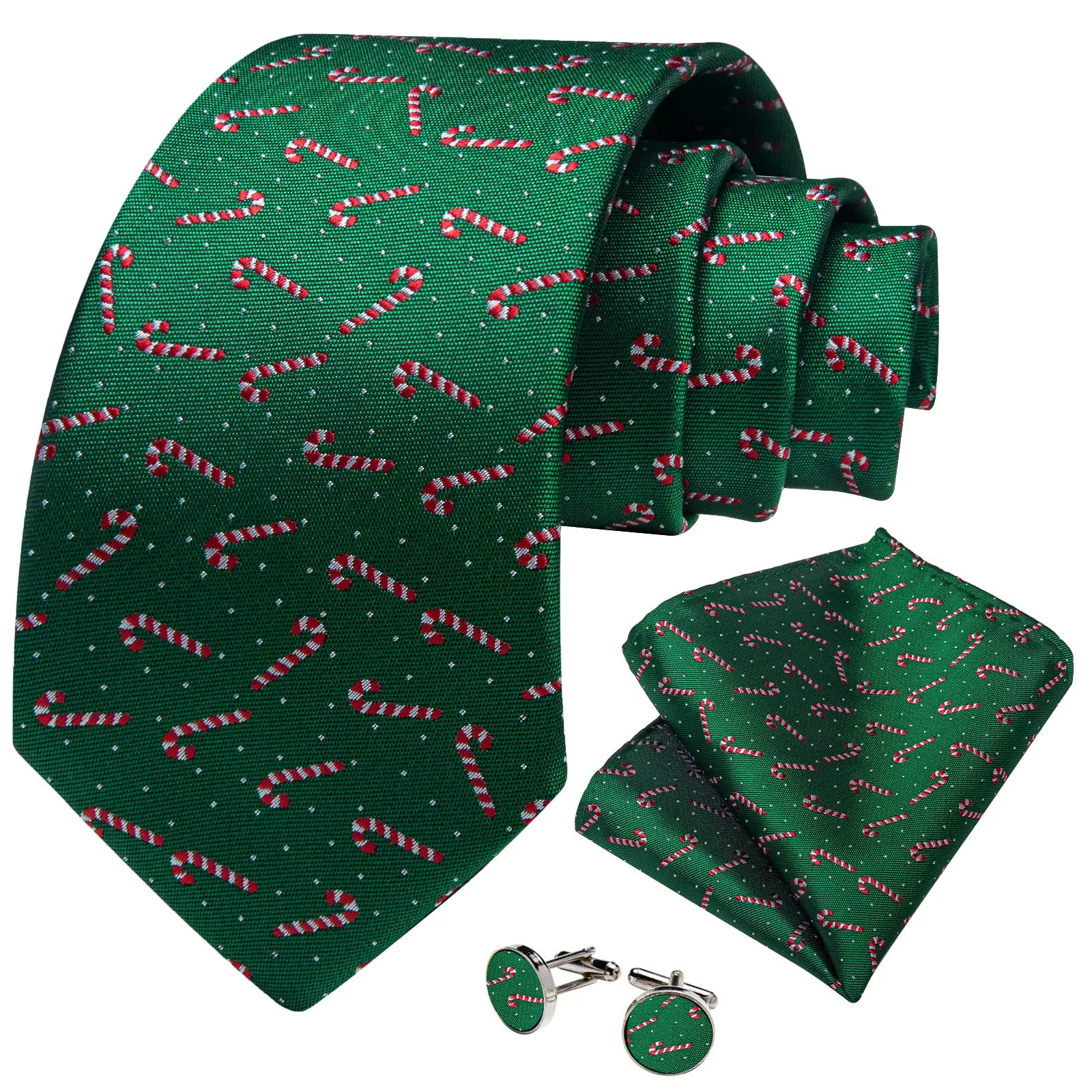 Ties2you Xmas Necktie Silk Hunter Green Candy Cane Tie Handkerchief Cufflinks Set sold by Ties2You product image thumbnail 2