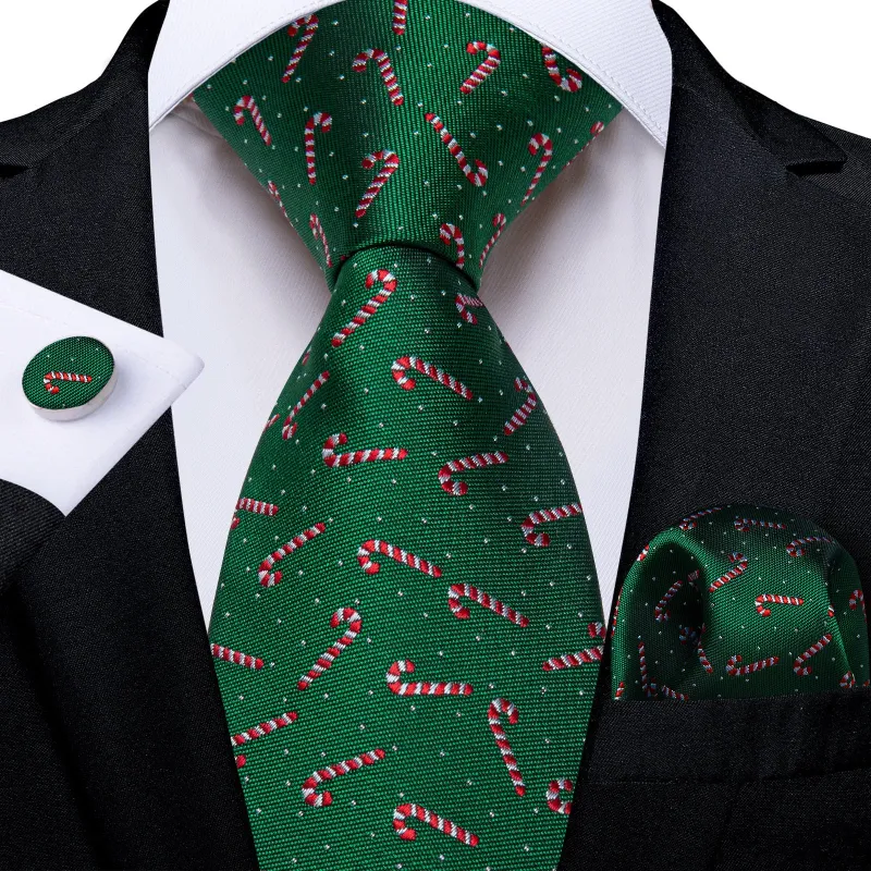 Ties2you Xmas Necktie Silk Hunter Green Candy Cane Tie Handkerchief Cufflinks Set sold by Ties2You