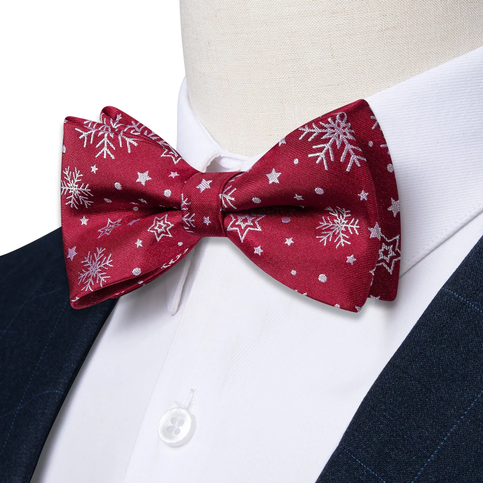 Ties2you Burgundy Snowflake Bow Tie Silk Xmas Pre-tied Bowtie Hanky Cufflinks Set for Party sold by Ties2You product image thumbnail 4