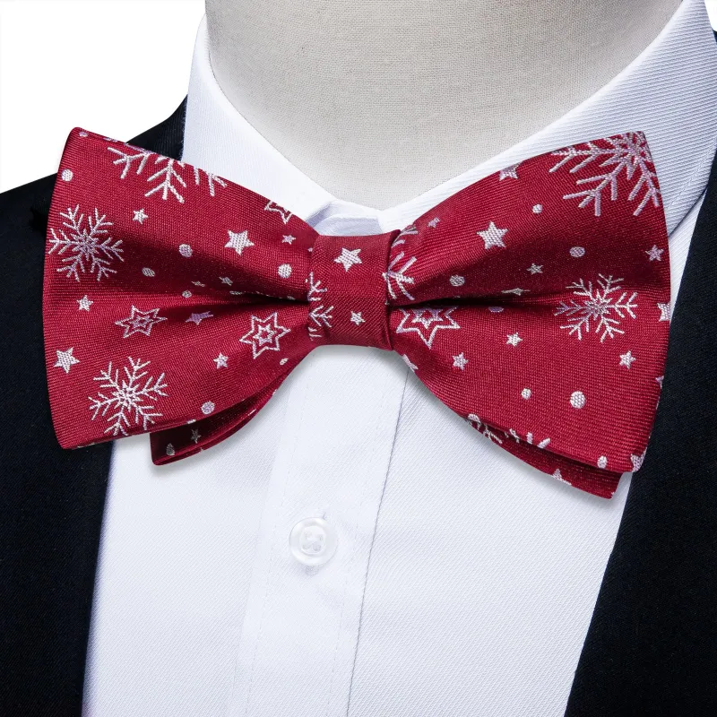 Ties2you Burgundy Snowflake Bow Tie Silk Xmas Pre-tied Bowtie Hanky Cufflinks Set for Party sold by Ties2You