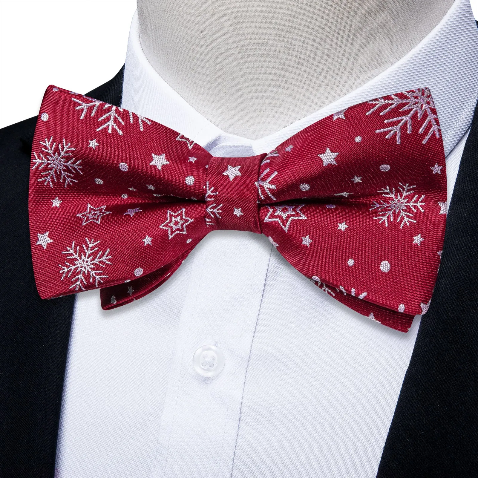 Ties2you Burgundy Snowflake Bow Tie Silk Xmas Pre-tied Bowtie Hanky Cufflinks Set for Party sold by Ties2You