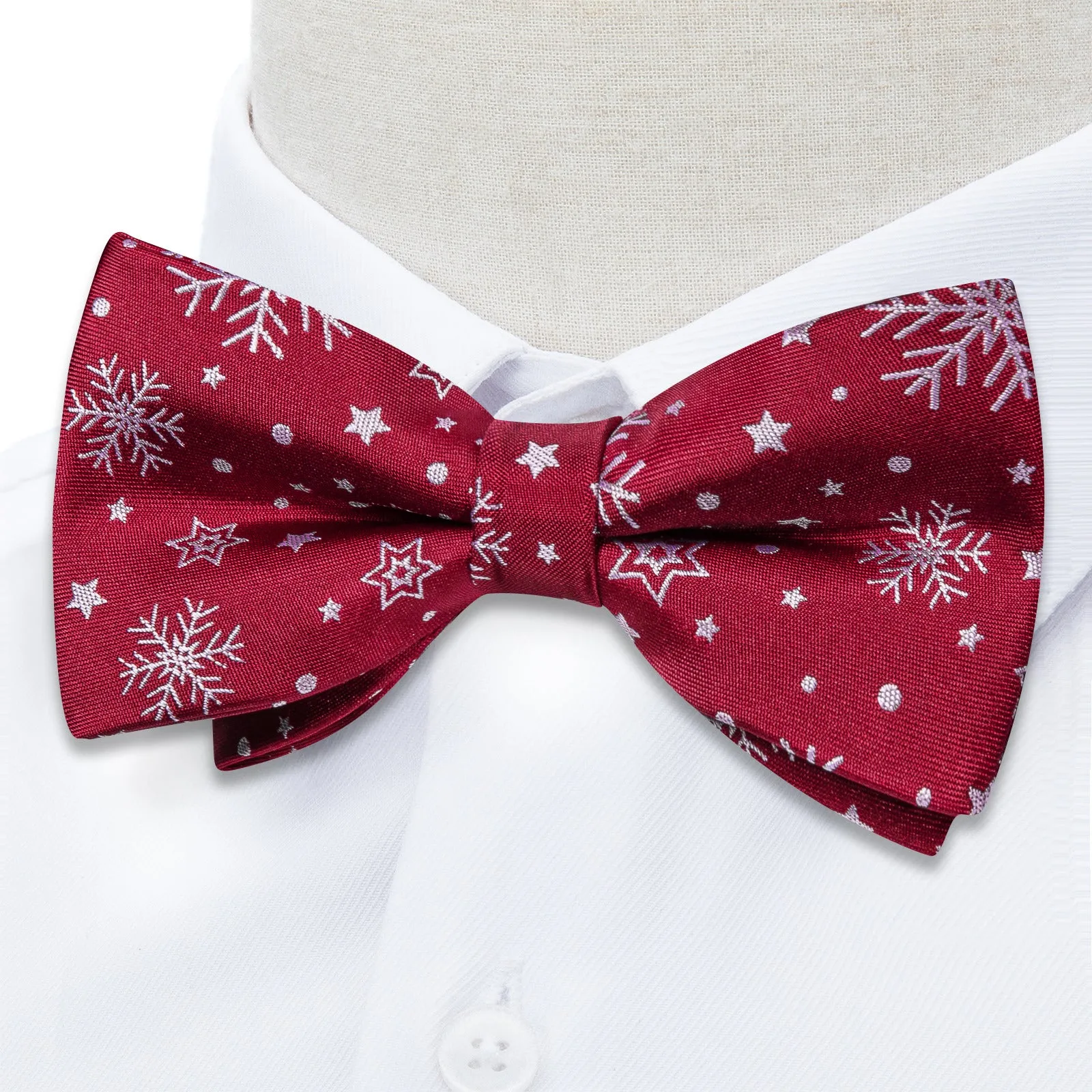 Ties2you Burgundy Snowflake Bow Tie Silk Xmas Pre-tied Bowtie Hanky Cufflinks Set for Party sold by Ties2You product image thumbnail 3