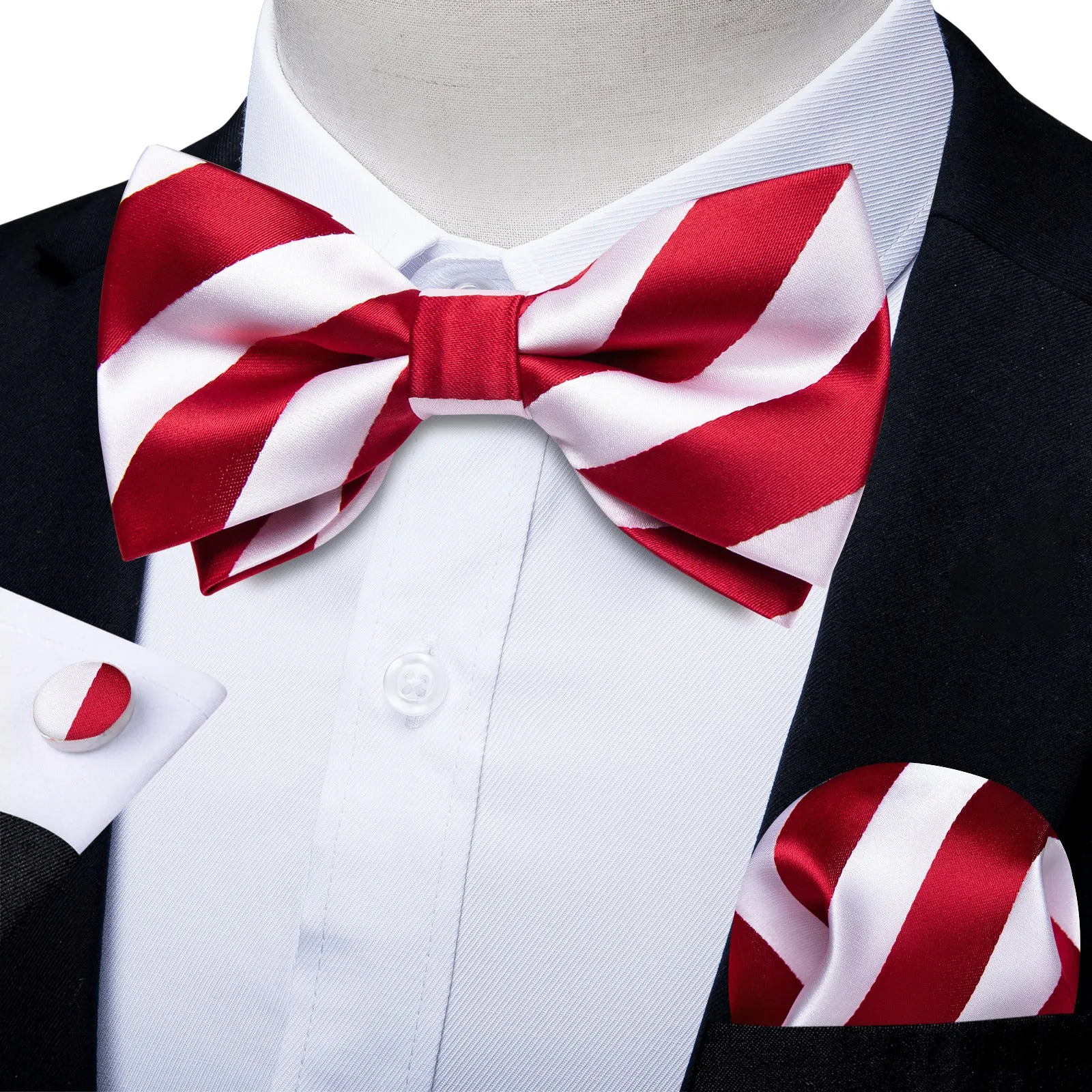 Ties2you Red Striped Bow Tie for Men Holiday Pre-tied Bowtie Hanky Cufflinks Set sold by Ties2You