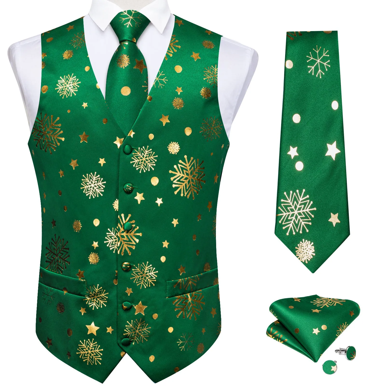 Ties2you Xmas Vest Mens Green Snowflake V-Neck Dress Waistcoat Necktie Pocket Square Cufflinks Set sold by Ties2You product image thumbnail 2