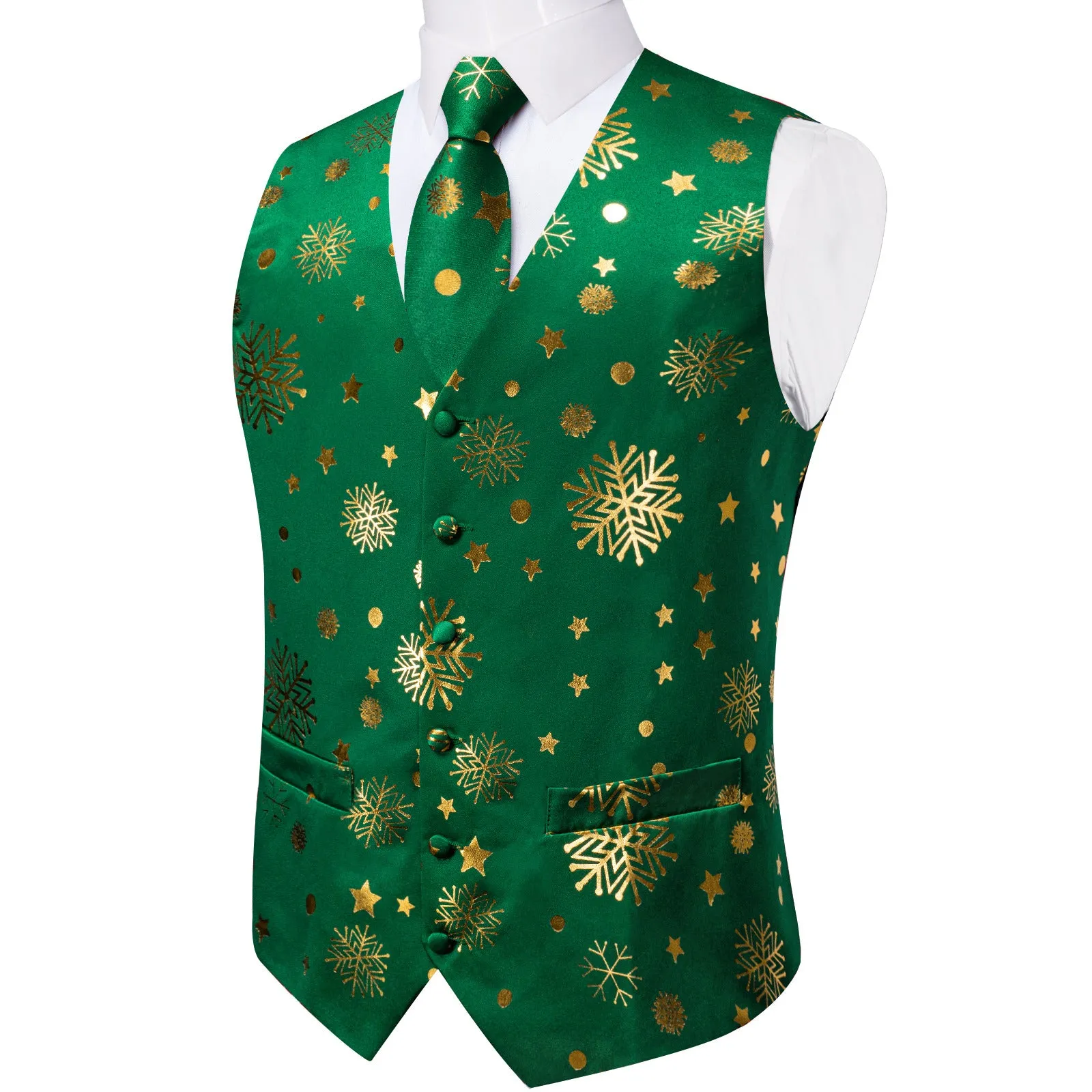 Ties2you Xmas Vest Mens Green Snowflake V-Neck Dress Waistcoat Necktie Pocket Square Cufflinks Set sold by Ties2You product image thumbnail 3