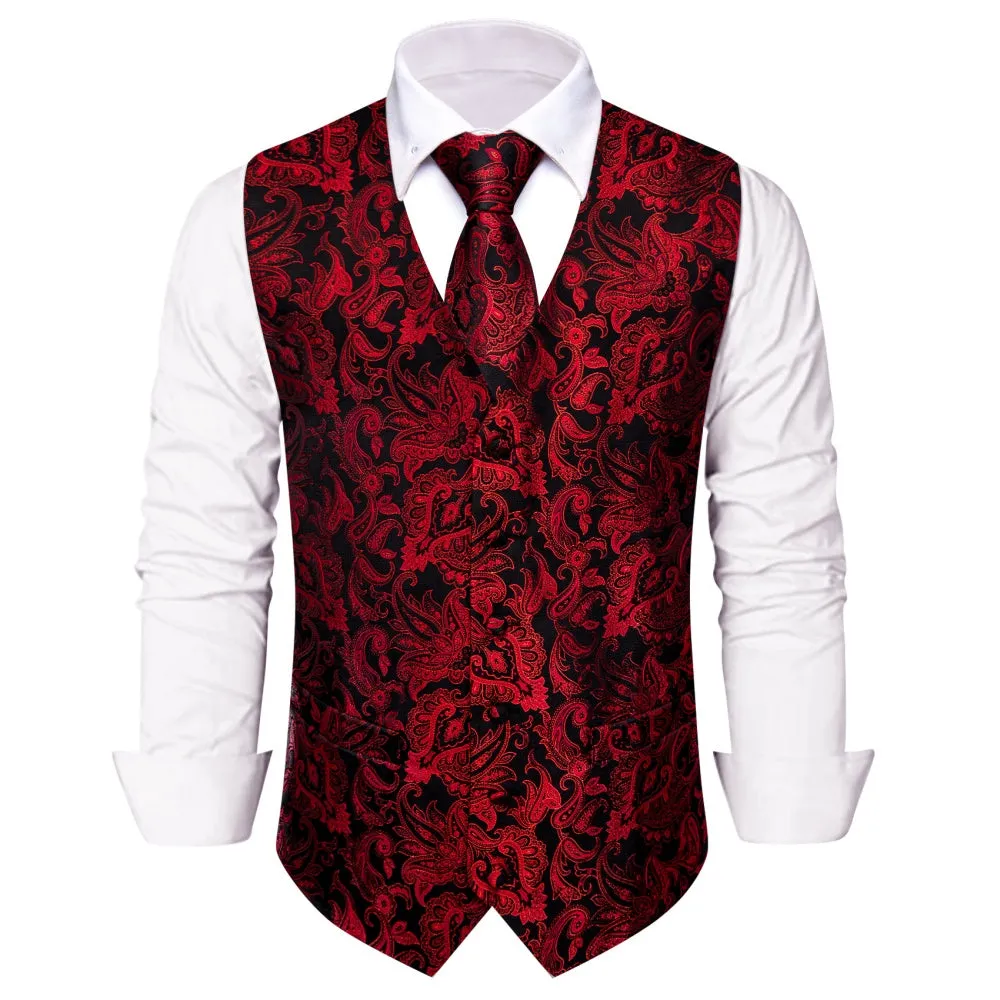 Ties2you V-Neck Waistcoat Red Jacquard Paisley Men's Vest Necktie Set sold by Ties2You product image thumbnail 2