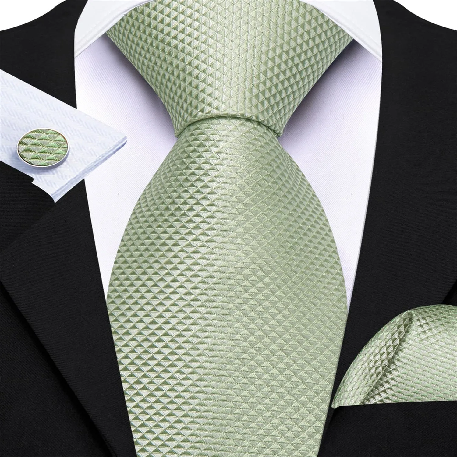 Ties2you Dress Tie Sage Green Novelty Silk Formal Men's Tie Pocket Square Cufflinks Set sold by Ties2You product image thumbnail 3