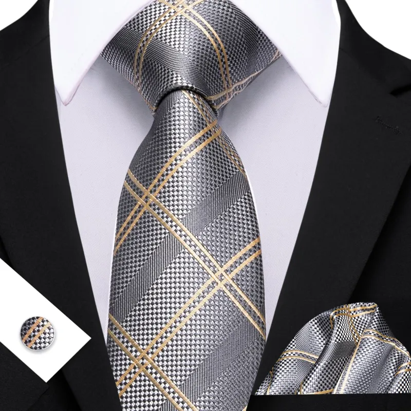 Ties2you Extra Long Necktie 63 Inches Silver Plaid Tie Pocket Square Cufflinks Set sold by Ties2You