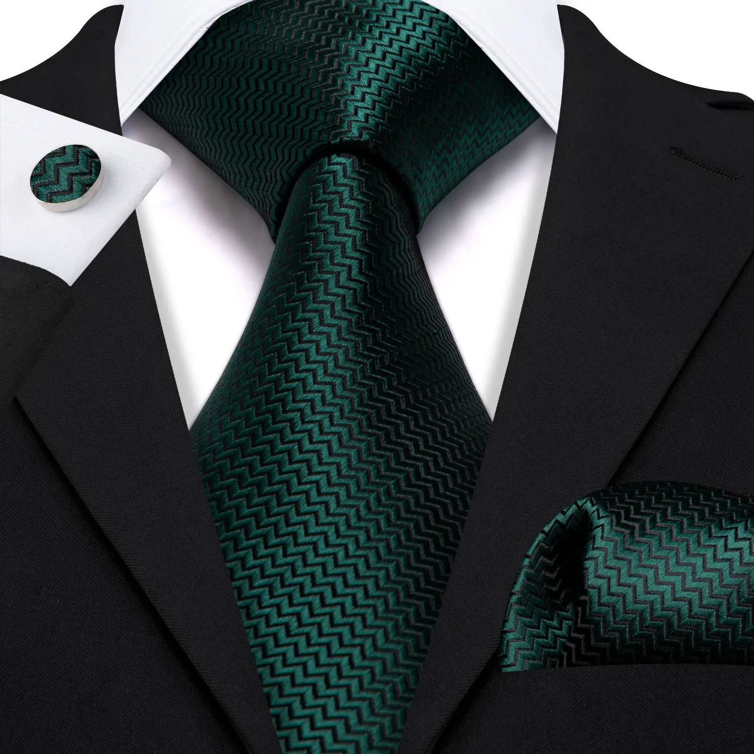 Pure Dark Green Novelty Woven Men's 63 Inches Extra Length Tie Handkerchief Cufflinks Set sold by Ties2You product image thumbnail 2