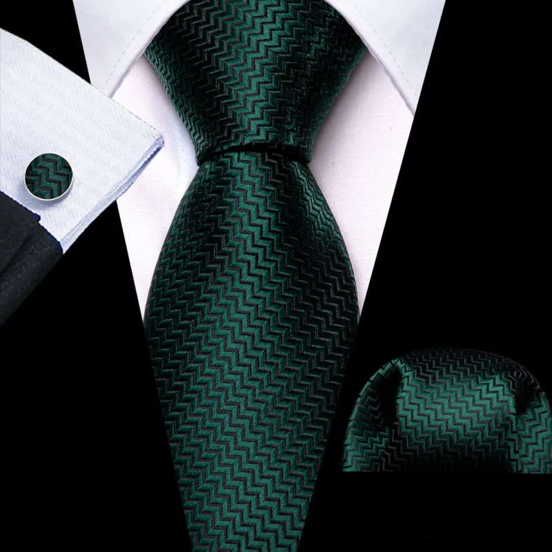 Pure Dark Green Novelty Woven Men's 63 Inches Extra Length Tie Handkerchief Cufflinks Set sold by Ties2You
