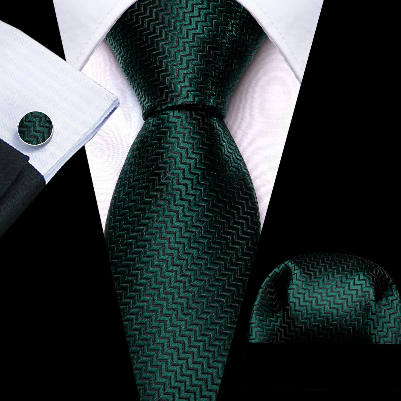 Pure Dark Green Novelty Woven Men's 63 Inches Extra Length Tie Handkerchief Cufflinks Set sold by Ties2You