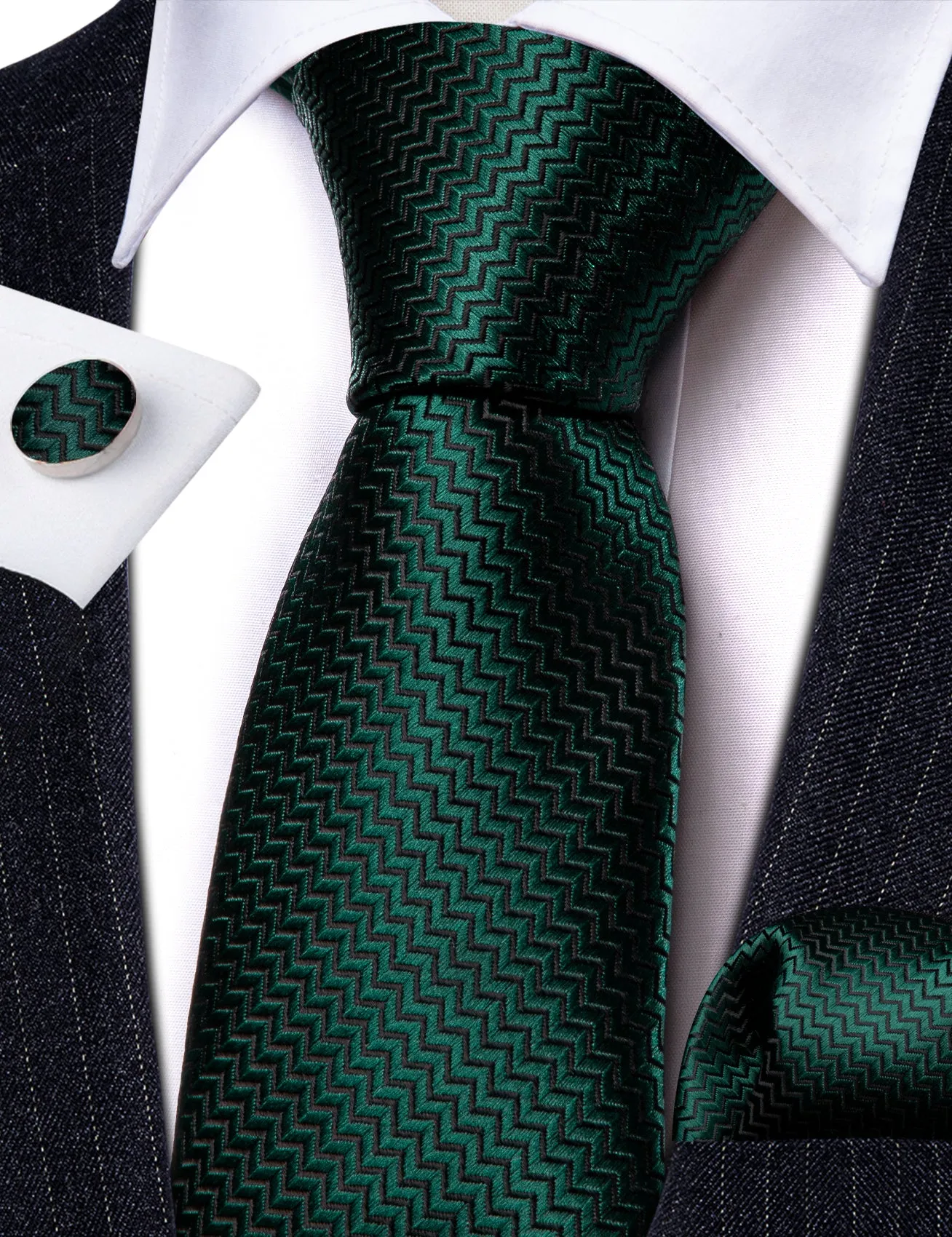 Pure Dark Green Novelty Woven Men's 63 Inches Extra Length Tie Handkerchief Cufflinks Set sold by Ties2You product image thumbnail 4